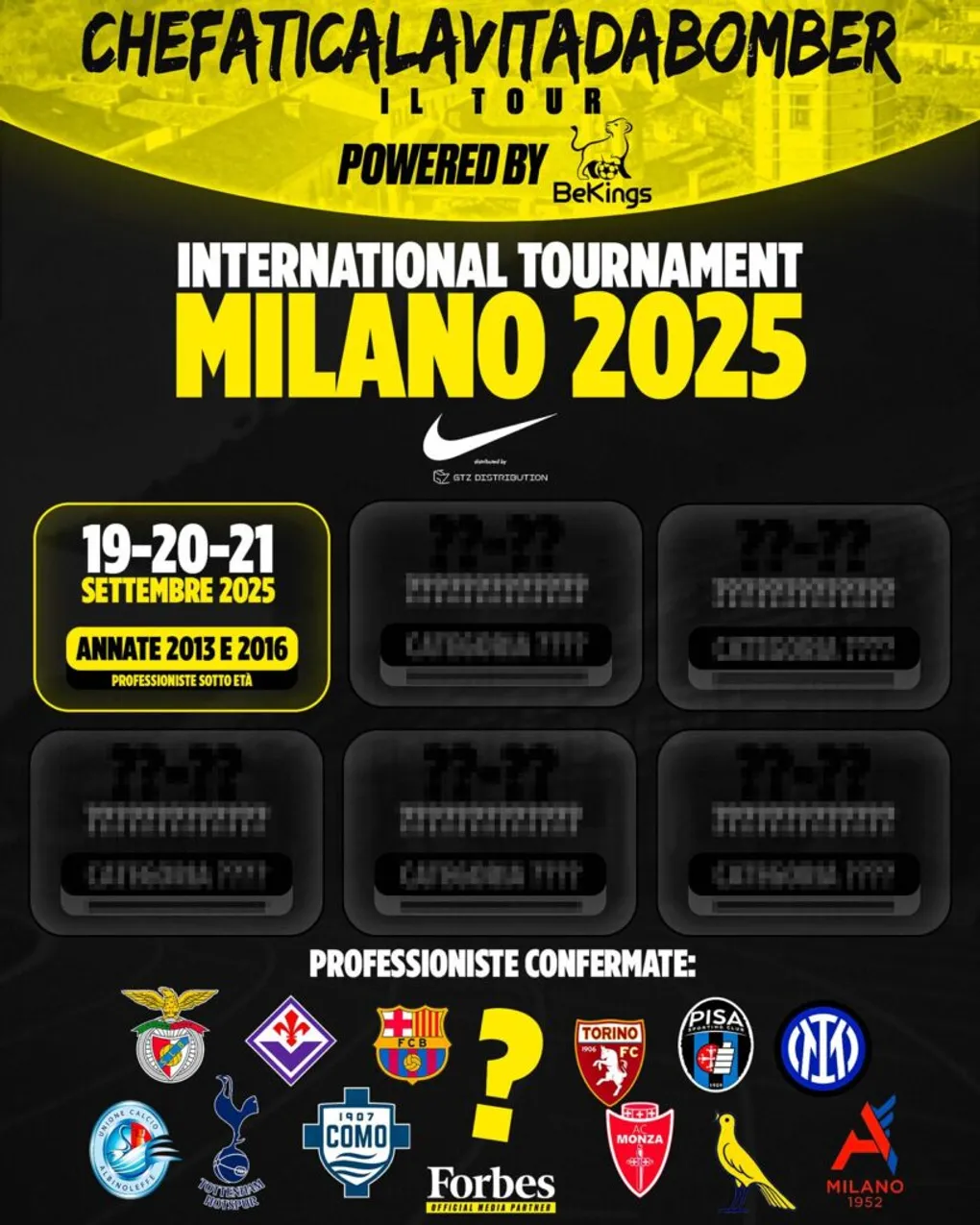 Locandina del torneo Chefaticalavitadabomber Tour. 16, 20 e 21 settembre 2025 a Milano.